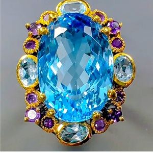 Natural 33 ct+ Irradiated Blue Topaz Ring 925 Sterling Silver Size 8.75